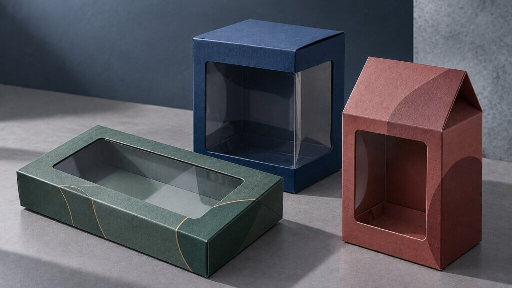 custom packaging boxes with window | three empty retail boxes with different window structures