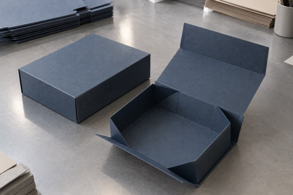 rigid gift boxes | collapsible rigid box shown assembled and partially folded on a packaging workbenc