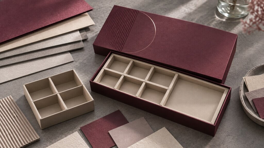 paper packaging | burgundy rigid box with multi-compartment paperboard insert and material samples