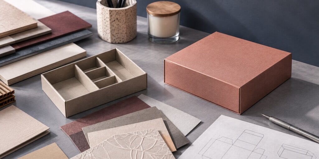 paper packaging | rigid box paperboard insert material samples and custom packaging development workspace