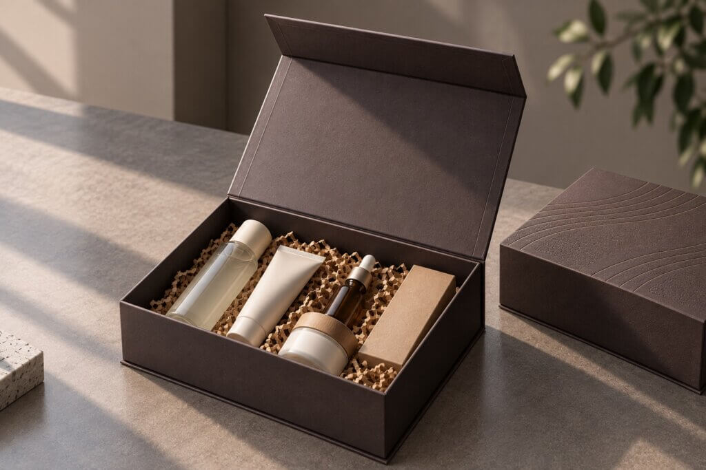 luxury packaging | open magnetic gift box with skincare set and matching closed box