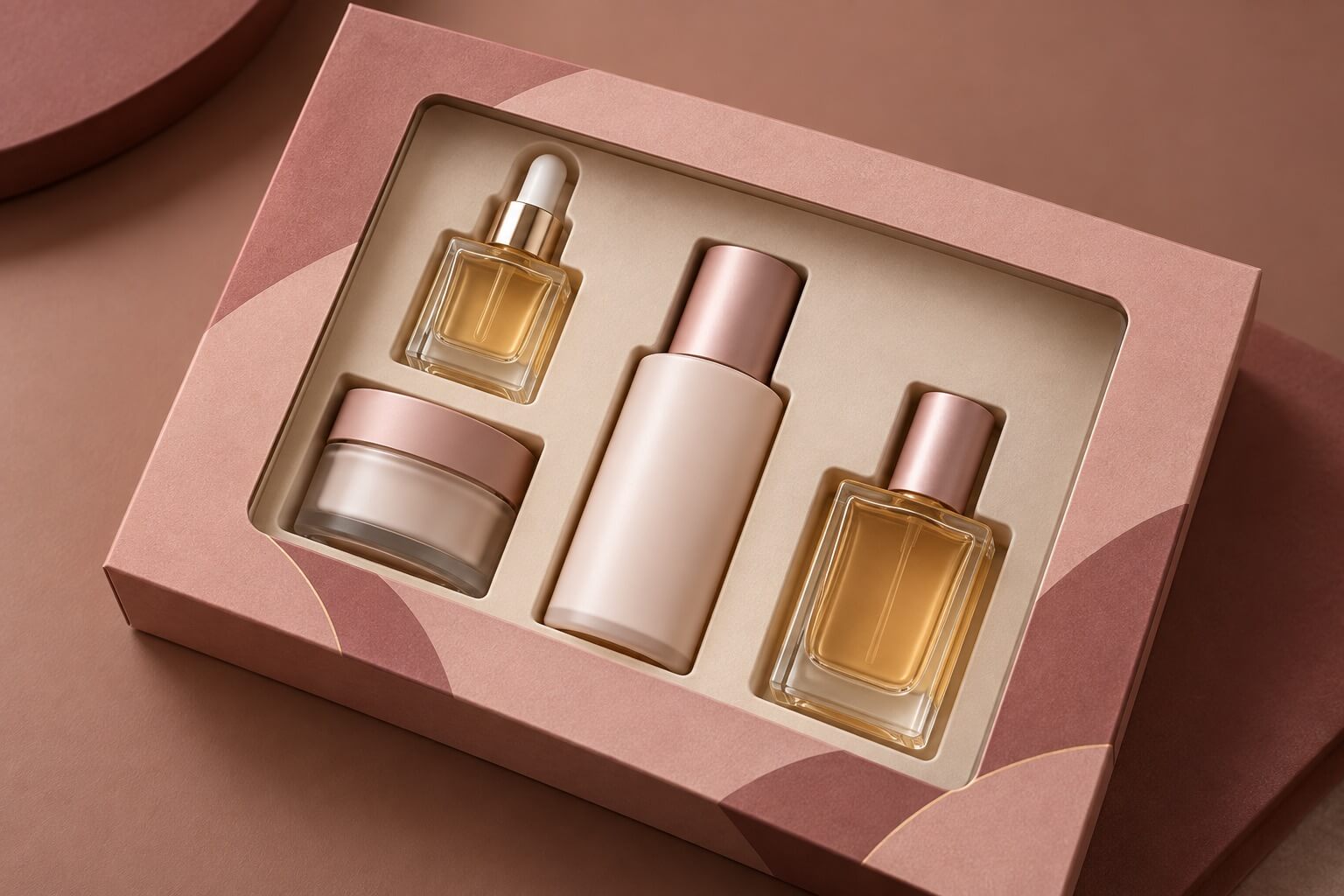 luxury packaging | window gift box with fitted skincare insert and four cosmetic products