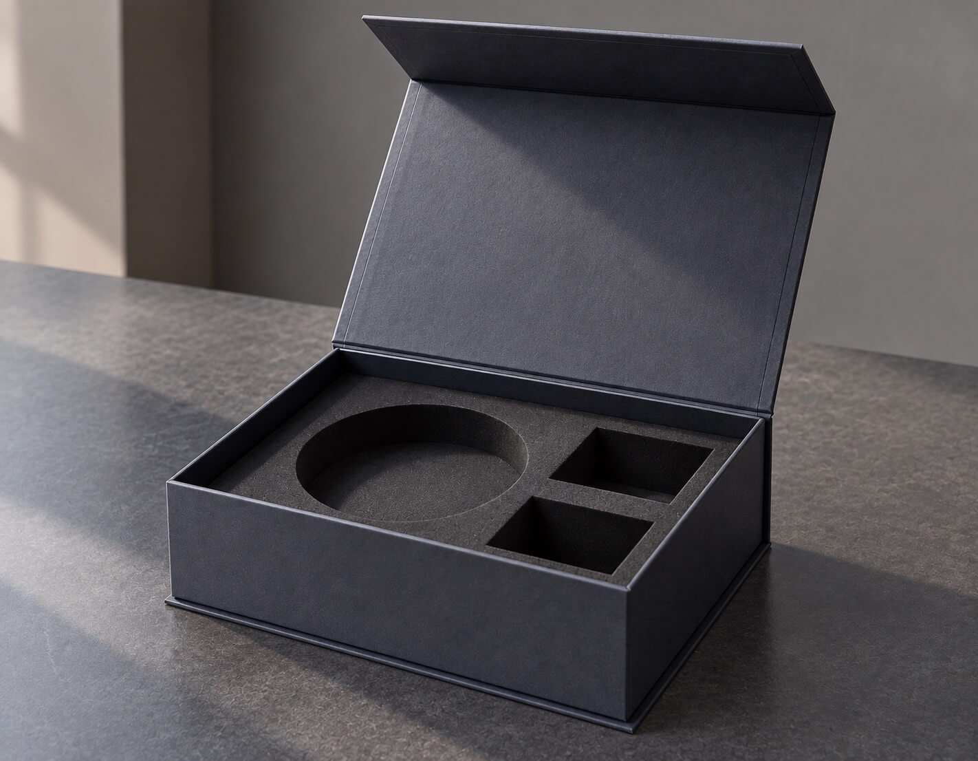 luxury packaging | open magnetic rigid box with custom insert and fitted product compartments