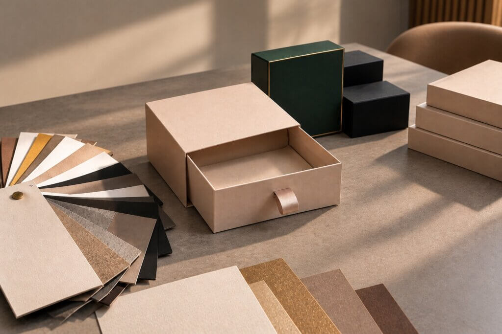 luxury packaging | drawer box and material samples showing custom packaging development
