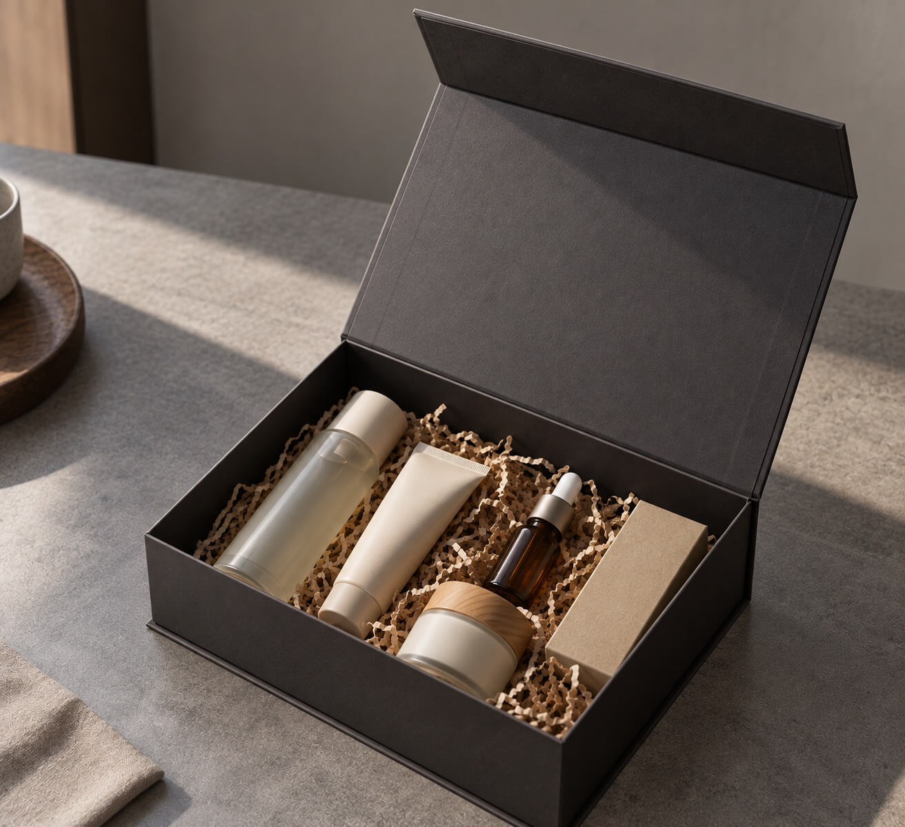 luxury packaging | open magnetic gift box with skincare products and paper filler