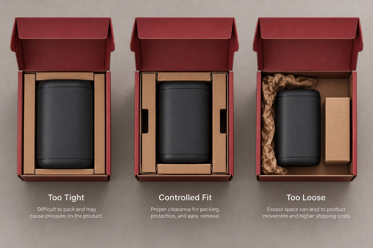 mailer box sizes｜Too Tight, Controlled Fit, and Too Loose Product Fit