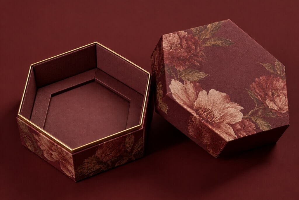 Rigid Boxes | Burgundy Hexagon Gift Box with Floral Print