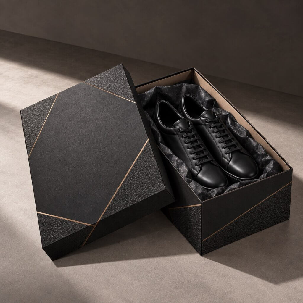 Rigid Boxes｜Reusable Shoe Packaging with Black Leather Shoes