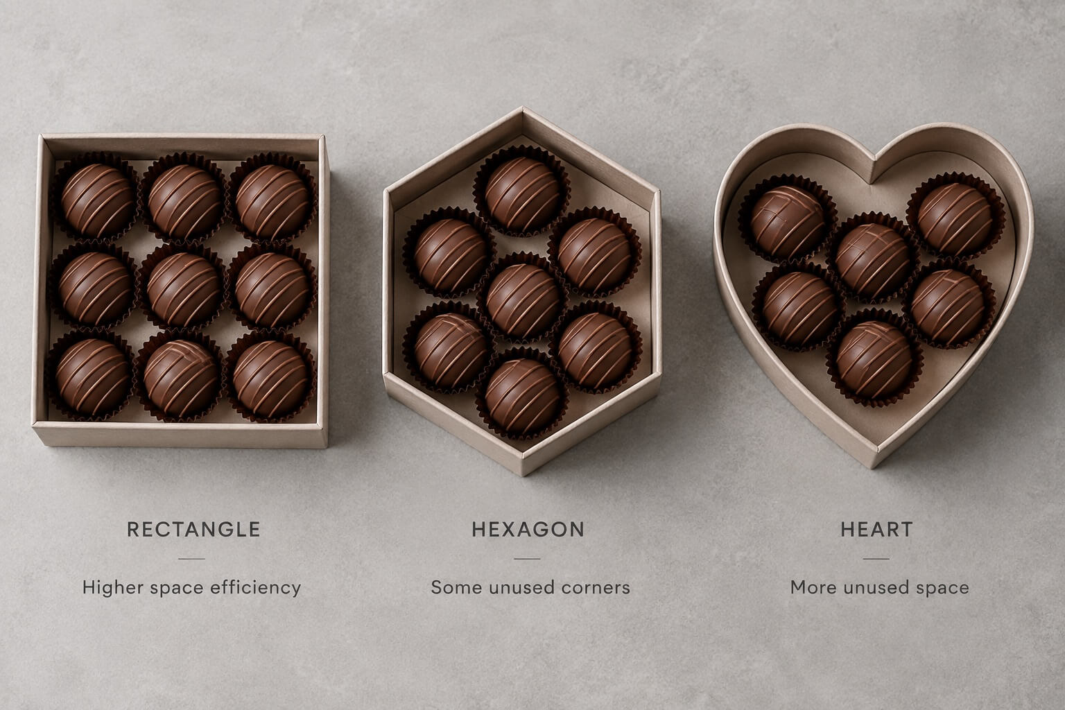 heart shape box | usable space comparison with hexagon and rectangular boxes