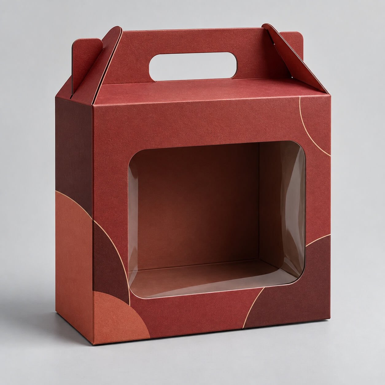 custom packaging boxes with window | red folding carton with large clear window and carry handle