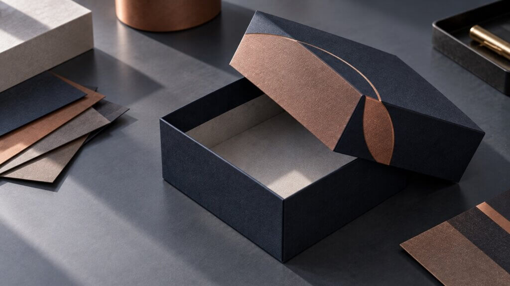 rigid boxes | dark green telescoping box with copper foil and textured paper finish