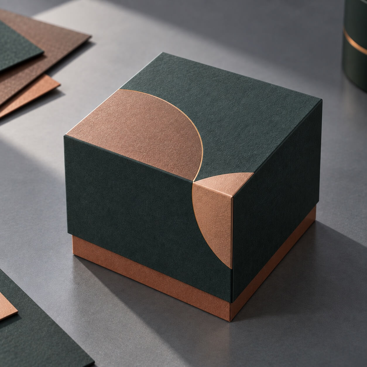 rigid boxes | dark green telescoping box with copper foil and textured paper finish