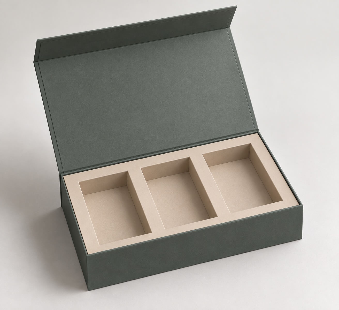 magnetic gift boxes | hinged rigid box with fitted three-compartment insert