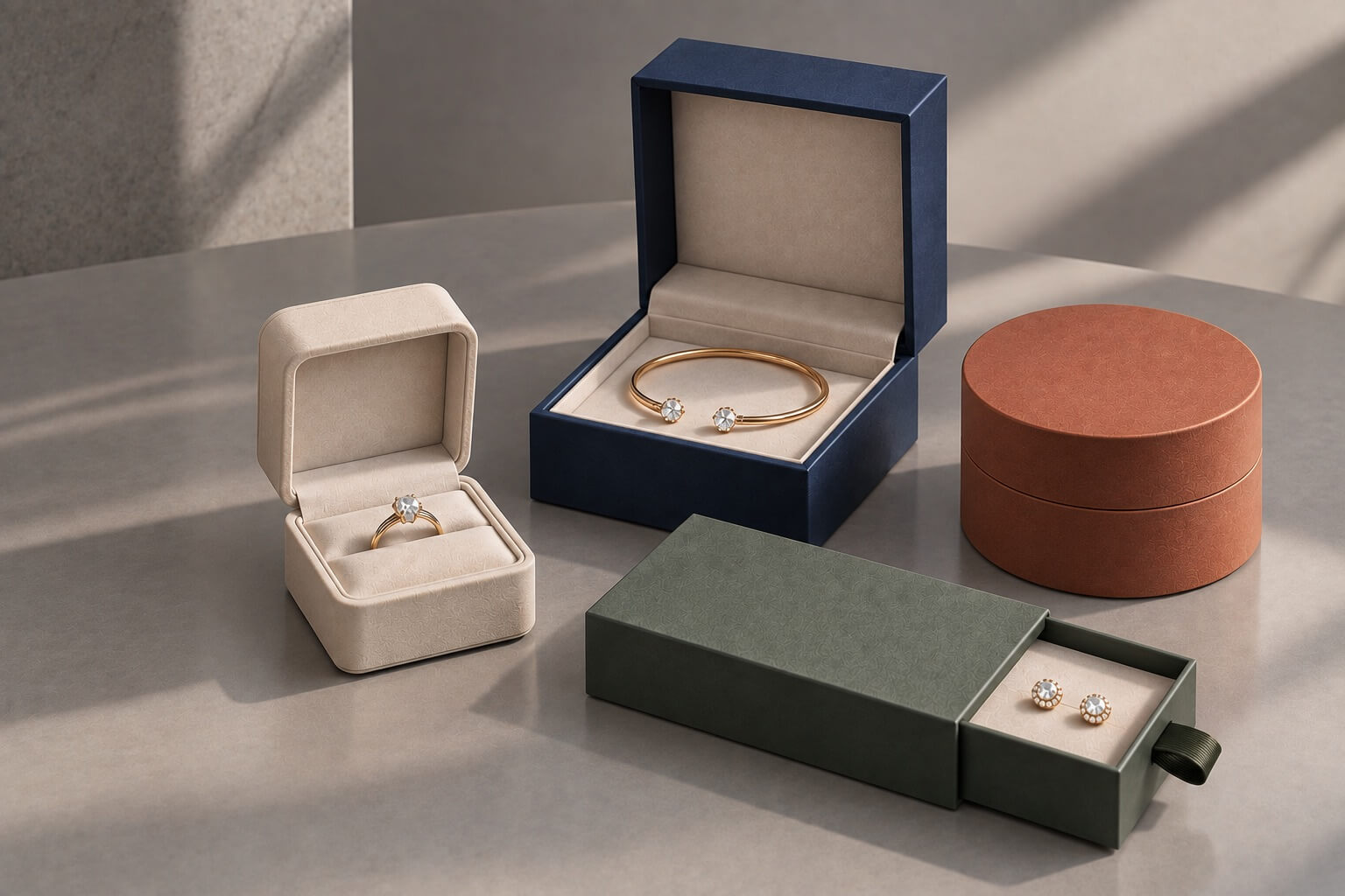 rigid boxes｜Custom packaging for jewelry with ring, bracelet and earring presentation boxes