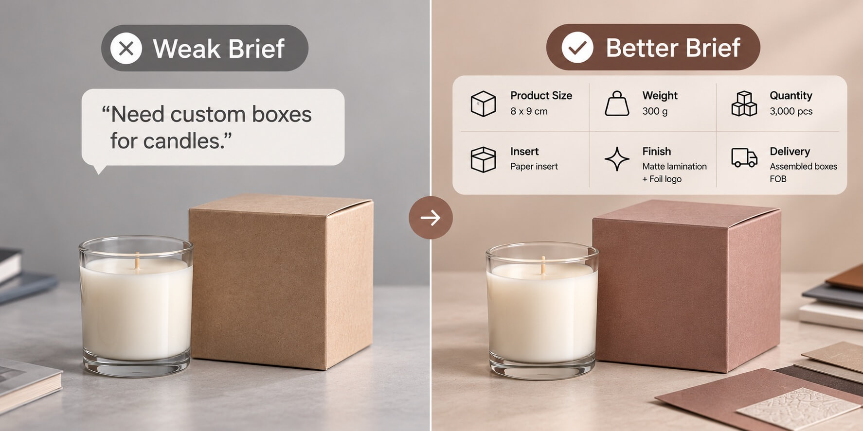 custom packaging | weak vs detailed supplier brief for candle box size weight quantity insert finish and delivery