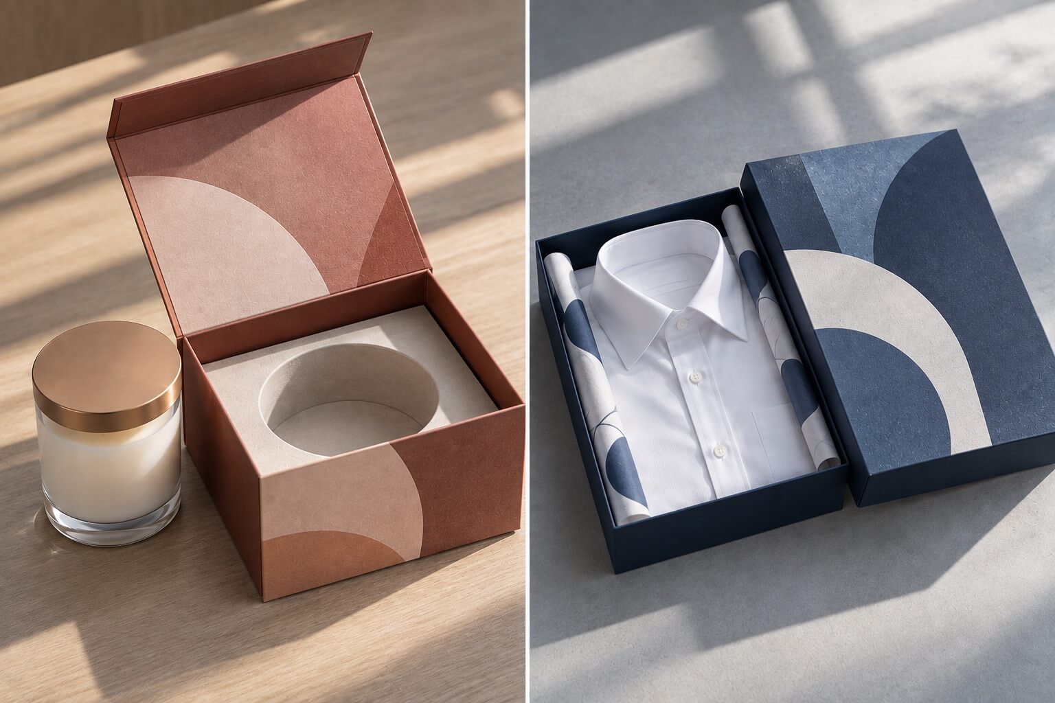 rigid boxes | shirt and candle packaging with different internal structures